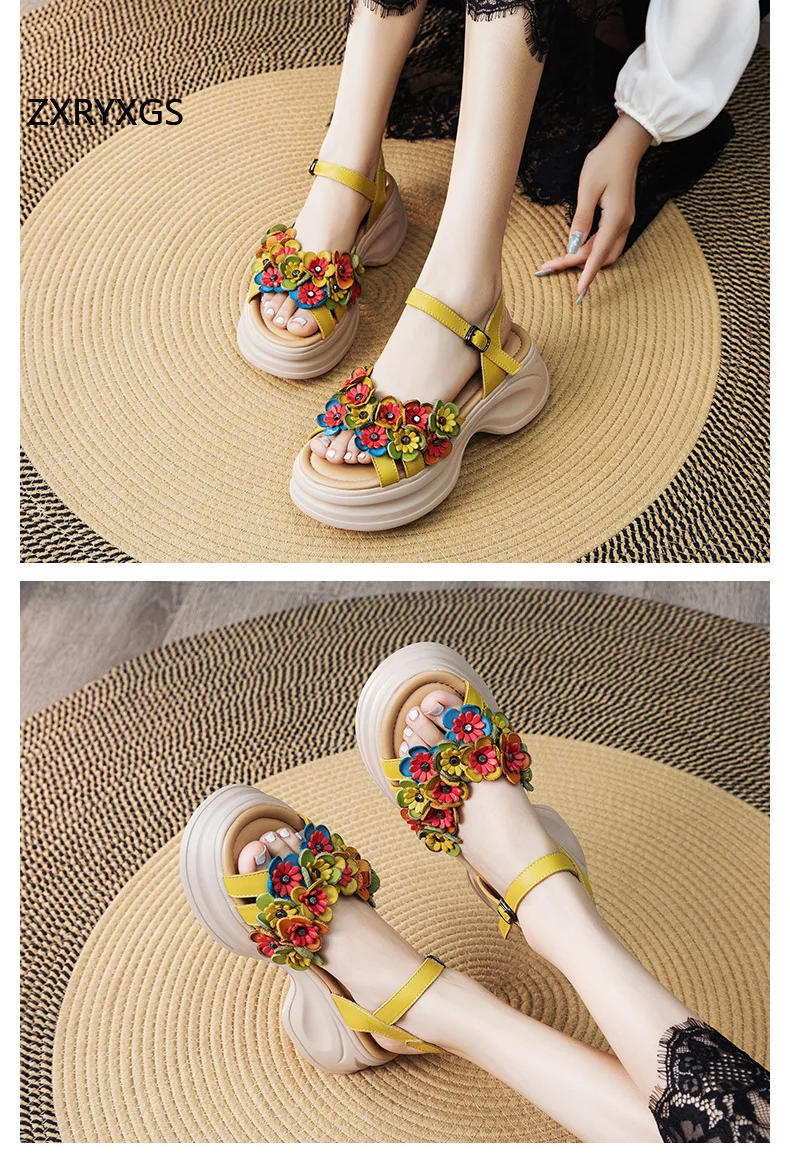 ZXRYXGS Bohemian Style Classic Flowers Sandals Fashionable Shoes Woman New 2026 Premium Real Leather Platform Increase Sandals