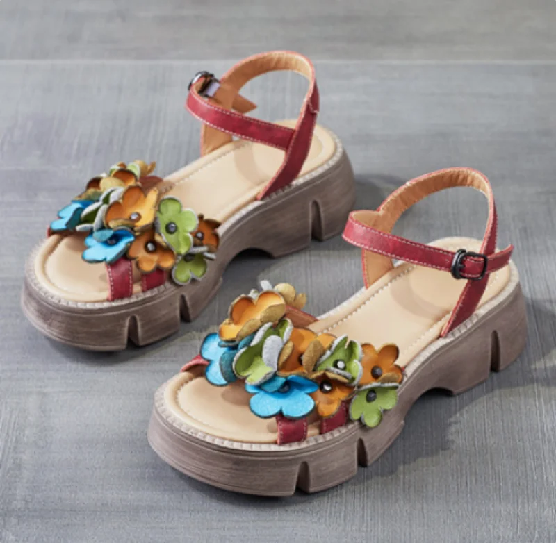 ZXRYXGS Bohemian Style Classic Flowers Sandals Fashionable Shoes Woman New 2026 Premium Real Leather Platform Increase Sandals