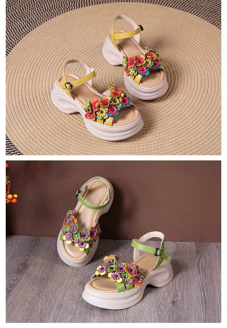 ZXRYXGS Bohemian Style Classic Flowers Sandals Fashionable Shoes Woman New 2026 Premium Real Leather Platform Increase Sandals