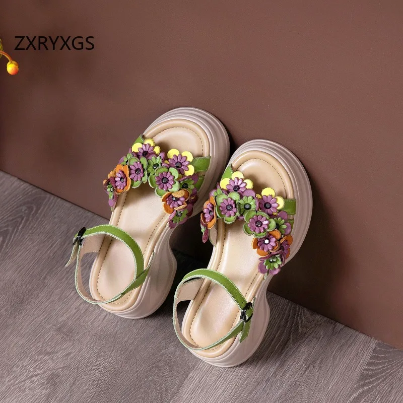 ZXRYXGS Bohemian Style Classic Flowers Sandals Fashionable Shoes Woman New 2026 Premium Real Leather Platform Increase Sandals