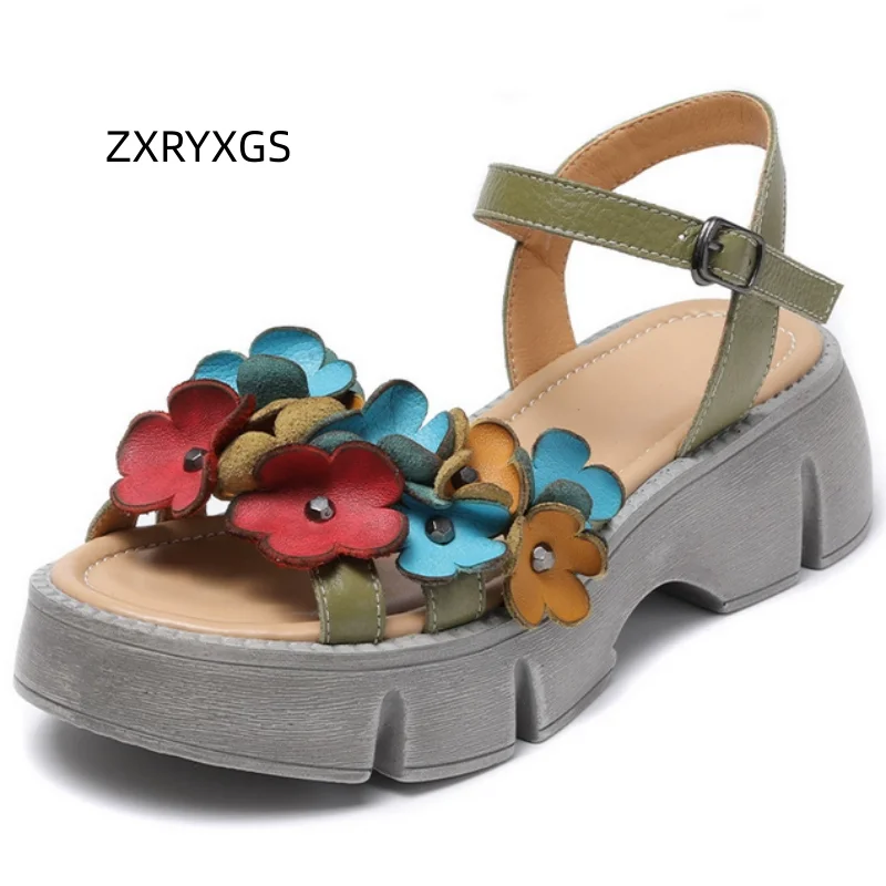 ZXRYXGS Bohemian Style Classic Flowers Sandals Fashionable Shoes Woman New 2026 Premium Real Leather Platform Increase Sandals