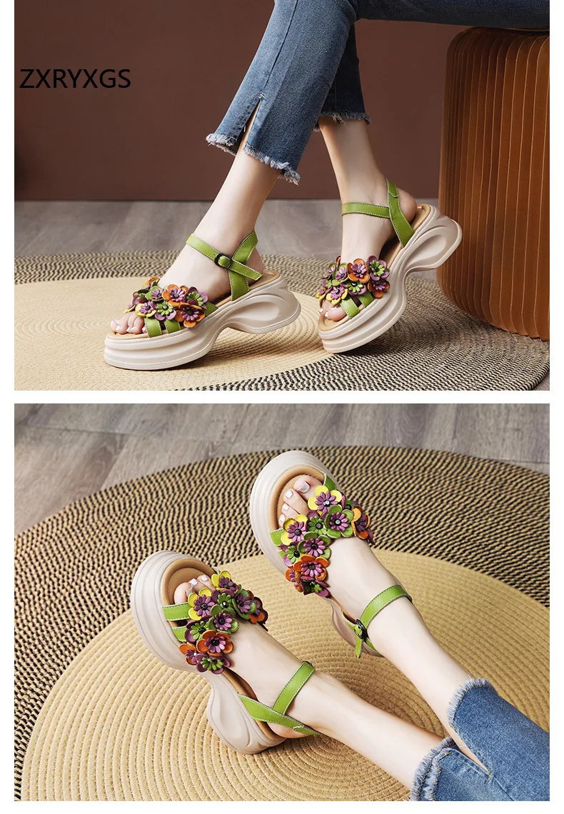 ZXRYXGS Bohemian Style Classic Flowers Sandals Fashionable Shoes Woman New 2026 Premium Real Leather Platform Increase Sandals