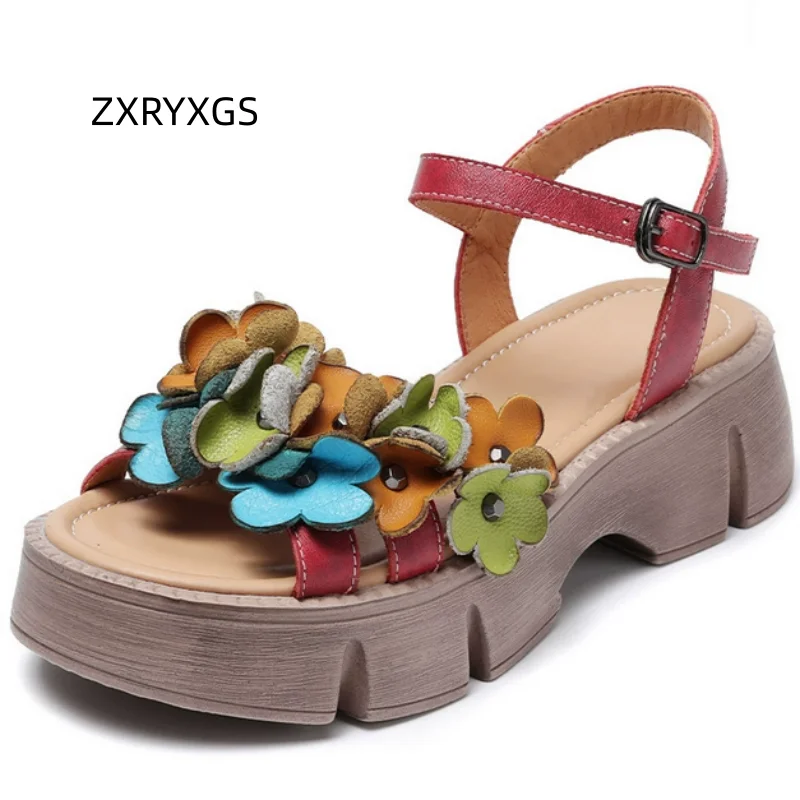 ZXRYXGS Bohemian Style Classic Flowers Sandals Fashionable Shoes Woman New 2026 Premium Real Leather Platform Increase Sandals