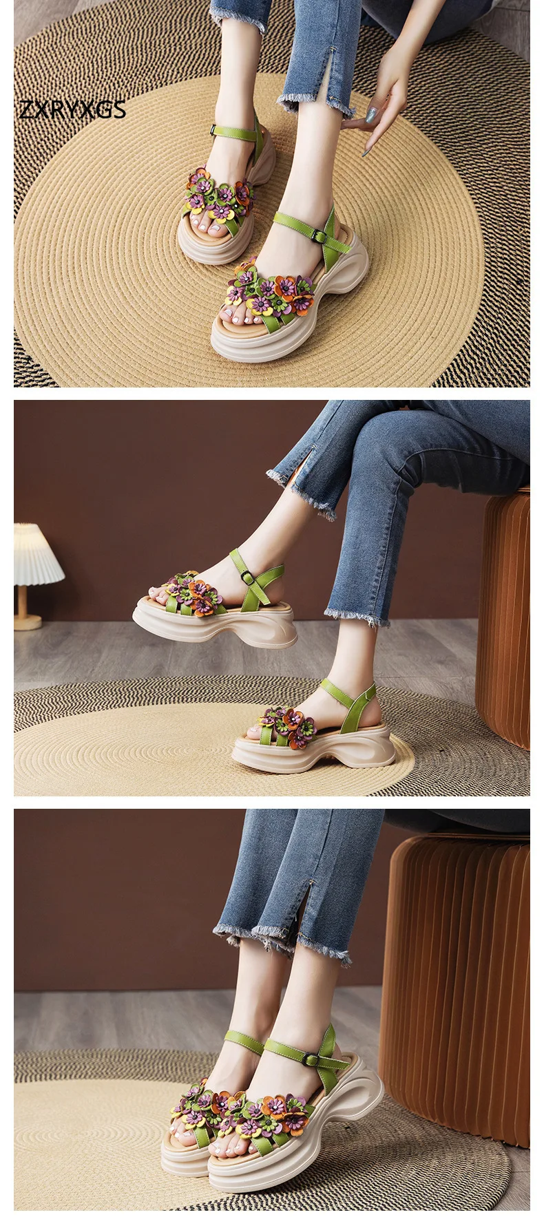 ZXRYXGS Bohemian Style Classic Flowers Sandals Fashionable Shoes Woman New 2026 Premium Real Leather Platform Increase Sandals