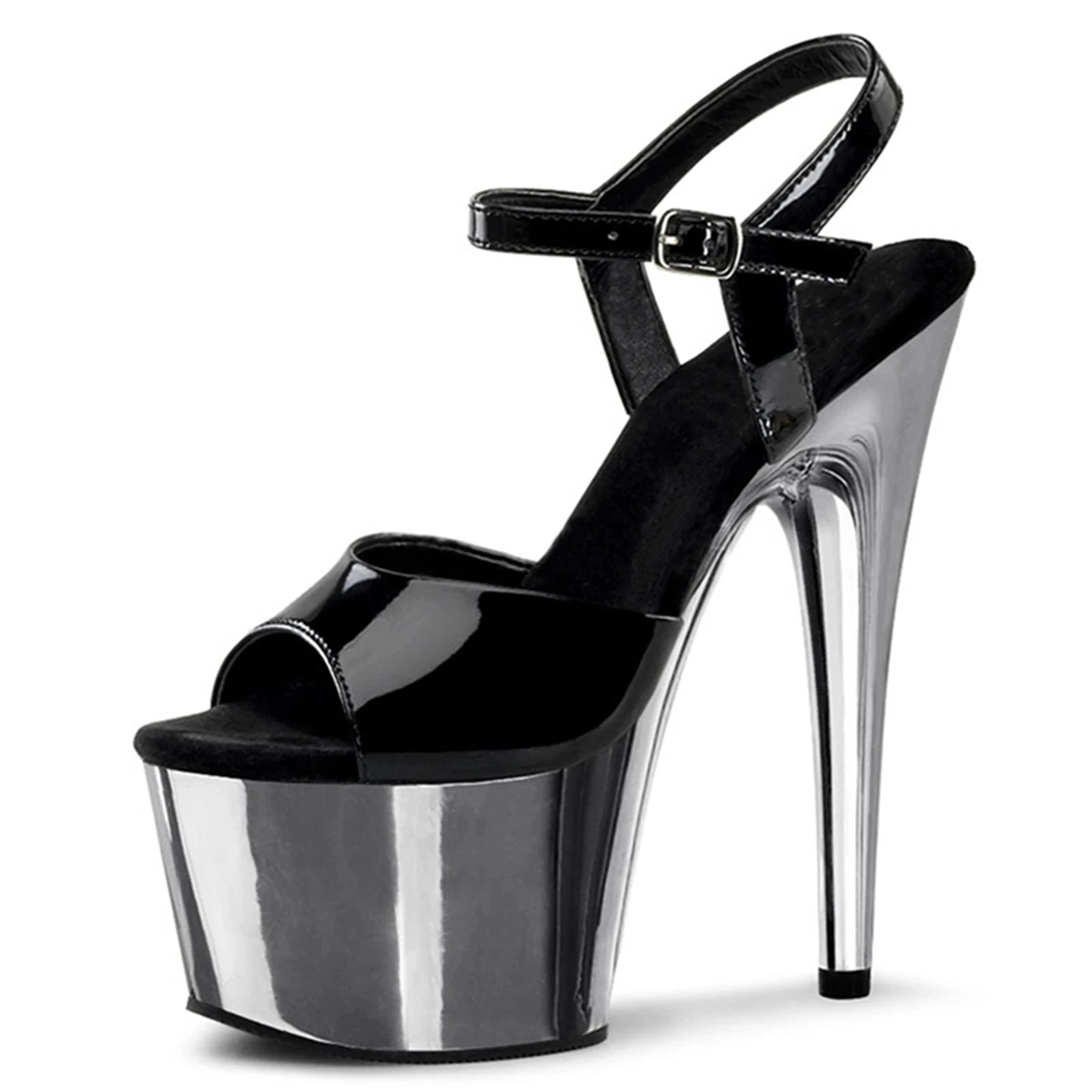 17cm Professional Dance Heels - Sexy Black Patent Peep Toe Stilettos w/ Red Platform & Ankle Strap for Latin Salsa Tango