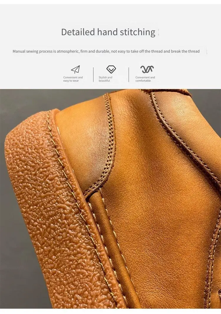 2025 New Men's Fleece Lined High Top Shoes, Retro Leather Work Boots with Chunky Sole, All-Day Comfort Winter Casual Sneakers