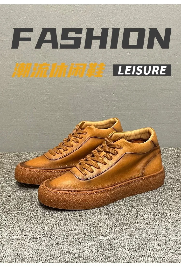 2025 New Men's Fleece Lined High Top Shoes, Retro Leather Work Boots with Chunky Sole, All-Day Comfort Winter Casual Sneakers