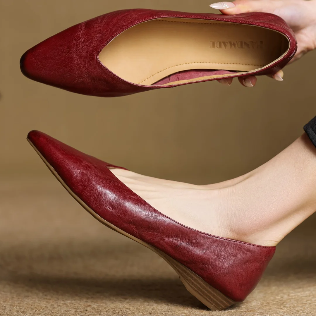 Women's sheepskin pointed toe slip-on flats elegant ladies high quality soft comfortable 2cm kitten heel slim daily dress shoes