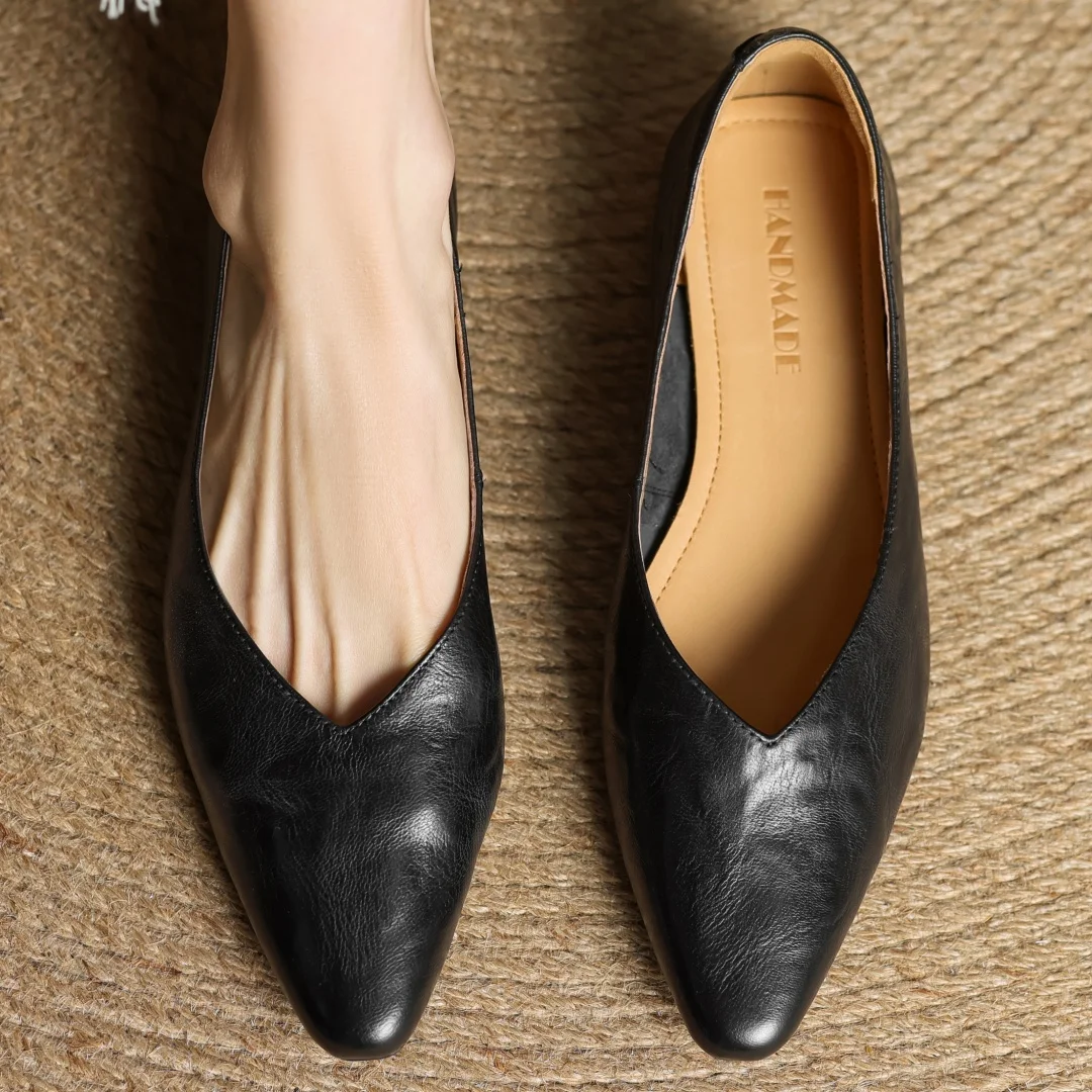 Women's sheepskin pointed toe slip-on flats elegant ladies high quality soft comfortable 2cm kitten heel slim daily dress shoes
