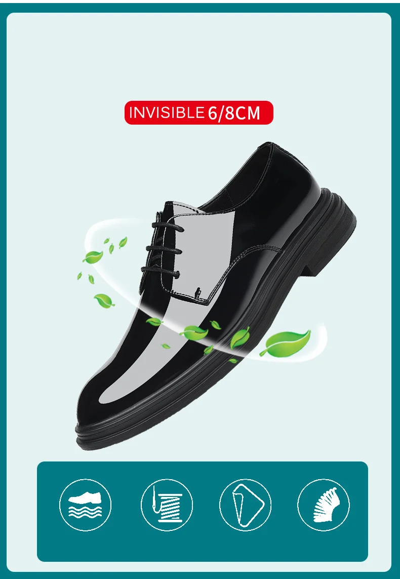 New Men 6/8cm Derby Shoes Patent Leather Height Increase Men Dress Shoes Formal Elevator Business Lift Shoes Bright Upper