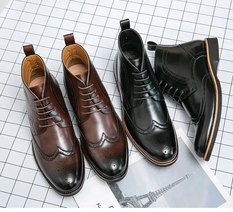 Brand Winter Men Snow Boots Good Quality Leather Ankle Derby Brogue Shoes High Top Lace Up Autumn Black Fashion Size 38-45