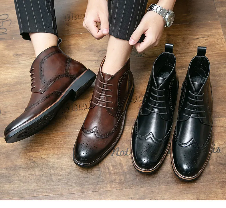 Brand Winter Men Snow Boots Good Quality Leather Ankle Derby Brogue Shoes High Top Lace Up Autumn Black Fashion Size 38-45