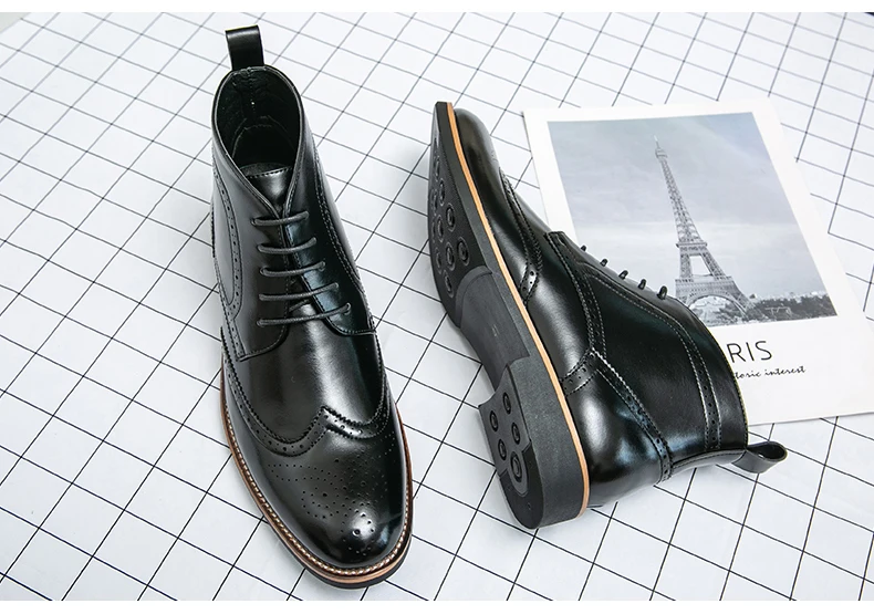 Brand Winter Men Snow Boots Good Quality Leather Ankle Derby Brogue Shoes High Top Lace Up Autumn Black Fashion Size 38-45