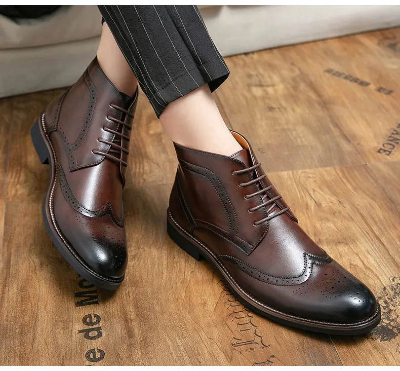 Brand Winter Men Snow Boots Good Quality Leather Ankle Derby Brogue Shoes High Top Lace Up Autumn Black Fashion Size 38-45