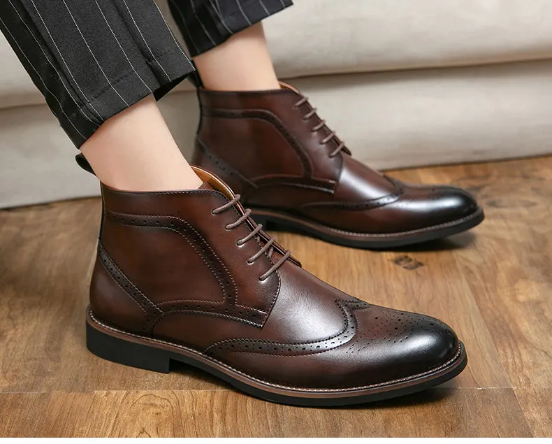 Brand Winter Men Snow Boots Good Quality Leather Ankle Derby Brogue Shoes High Top Lace Up Autumn Black Fashion Size 38-45