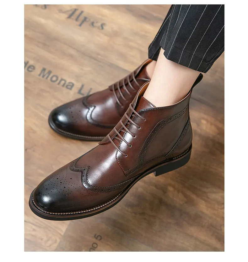 Brand Winter Men Snow Boots Good Quality Leather Ankle Derby Brogue Shoes High Top Lace Up Autumn Black Fashion Size 38-45