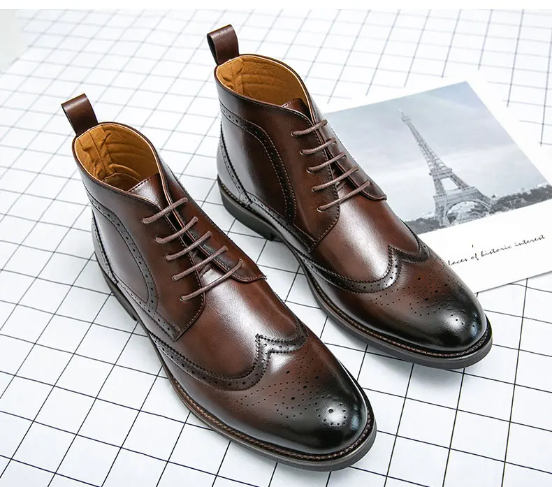 Brand Winter Men Snow Boots Good Quality Leather Ankle Derby Brogue Shoes High Top Lace Up Autumn Black Fashion Size 38-45