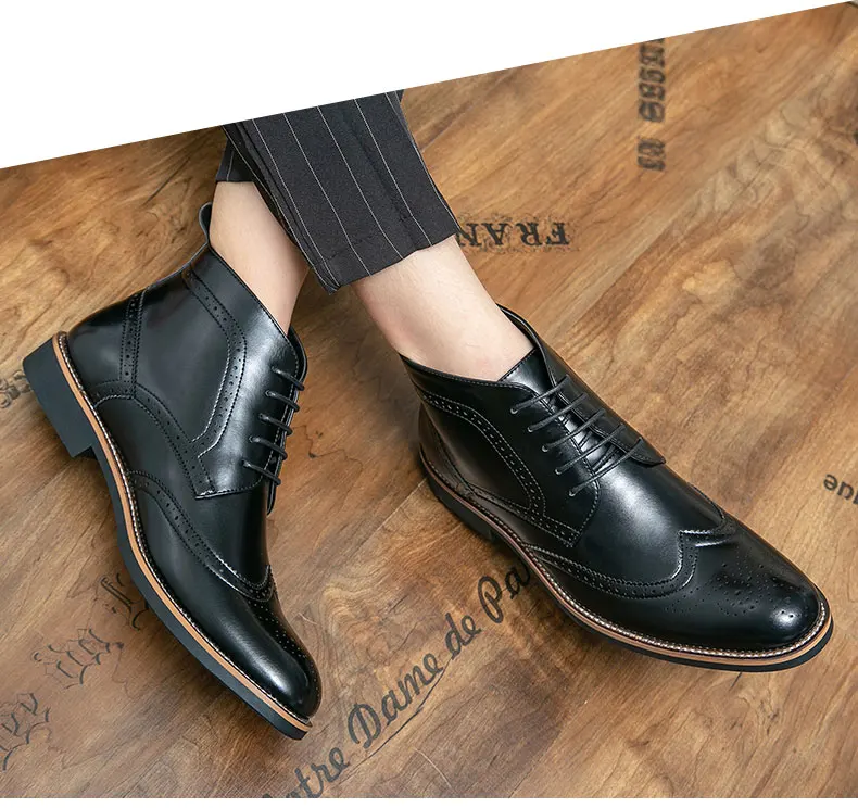 Brand Winter Men Snow Boots Good Quality Leather Ankle Derby Brogue Shoes High Top Lace Up Autumn Black Fashion Size 38-45
