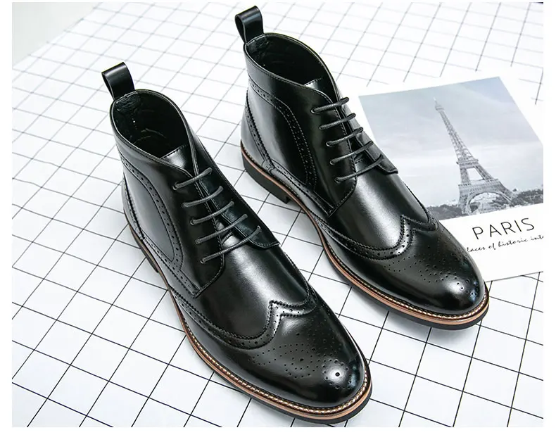 Brand Winter Men Snow Boots Good Quality Leather Ankle Derby Brogue Shoes High Top Lace Up Autumn Black Fashion Size 38-45