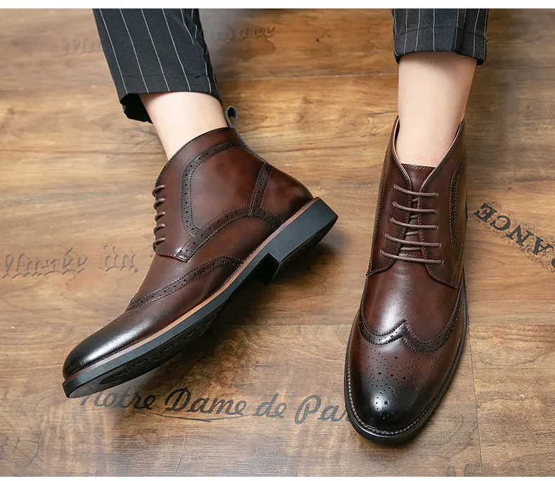 Brand Winter Men Snow Boots Good Quality Leather Ankle Derby Brogue Shoes High Top Lace Up Autumn Black Fashion Size 38-45