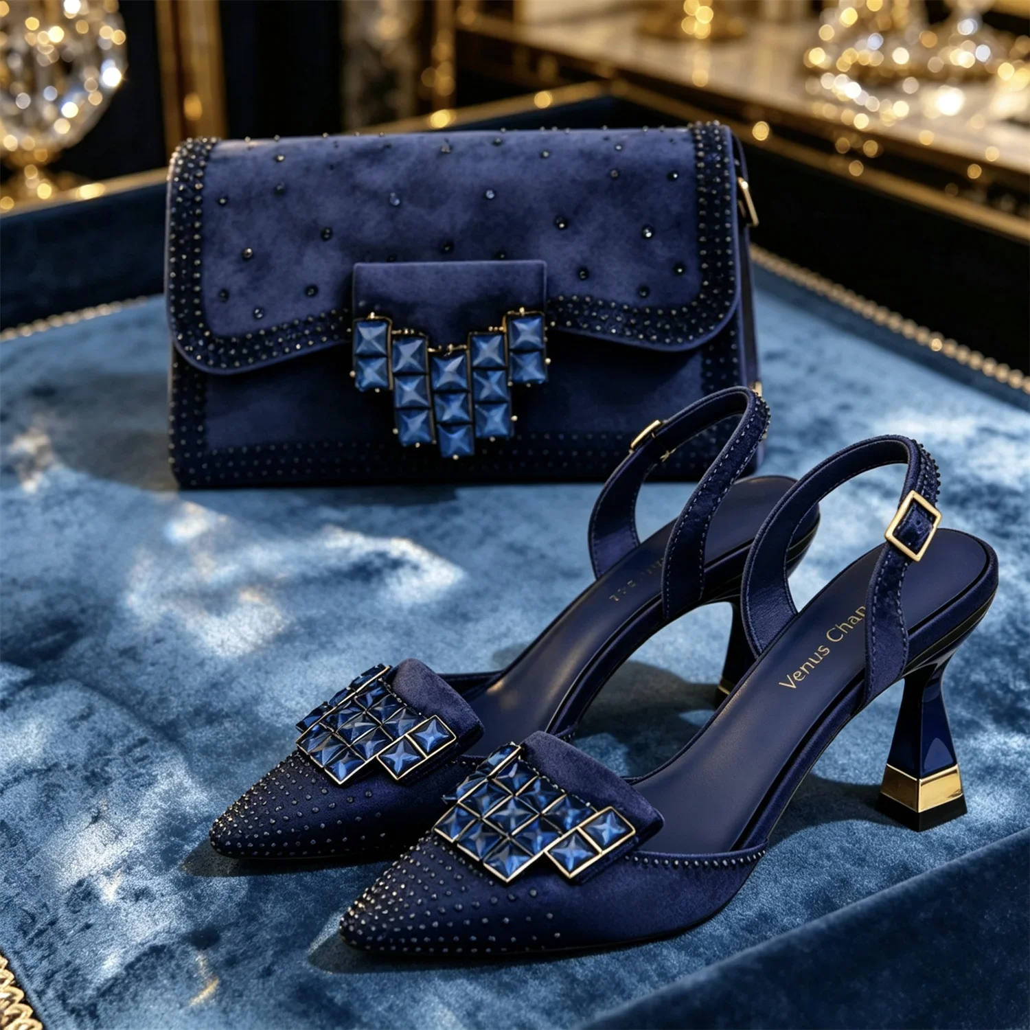 Elegant Women Rhinestone Pointed Toe Slingback Low Heel Party Wedding Shoes and Chain Bag Set Luxury Evening