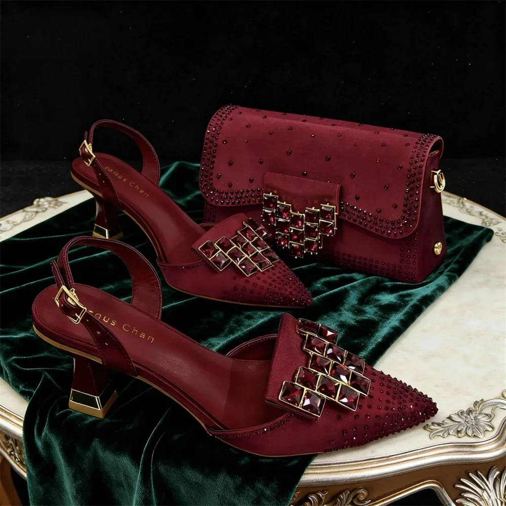 Elegant Women Rhinestone Pointed Toe Slingback Low Heel Party Wedding Shoes and Chain Bag Set Luxury Evening