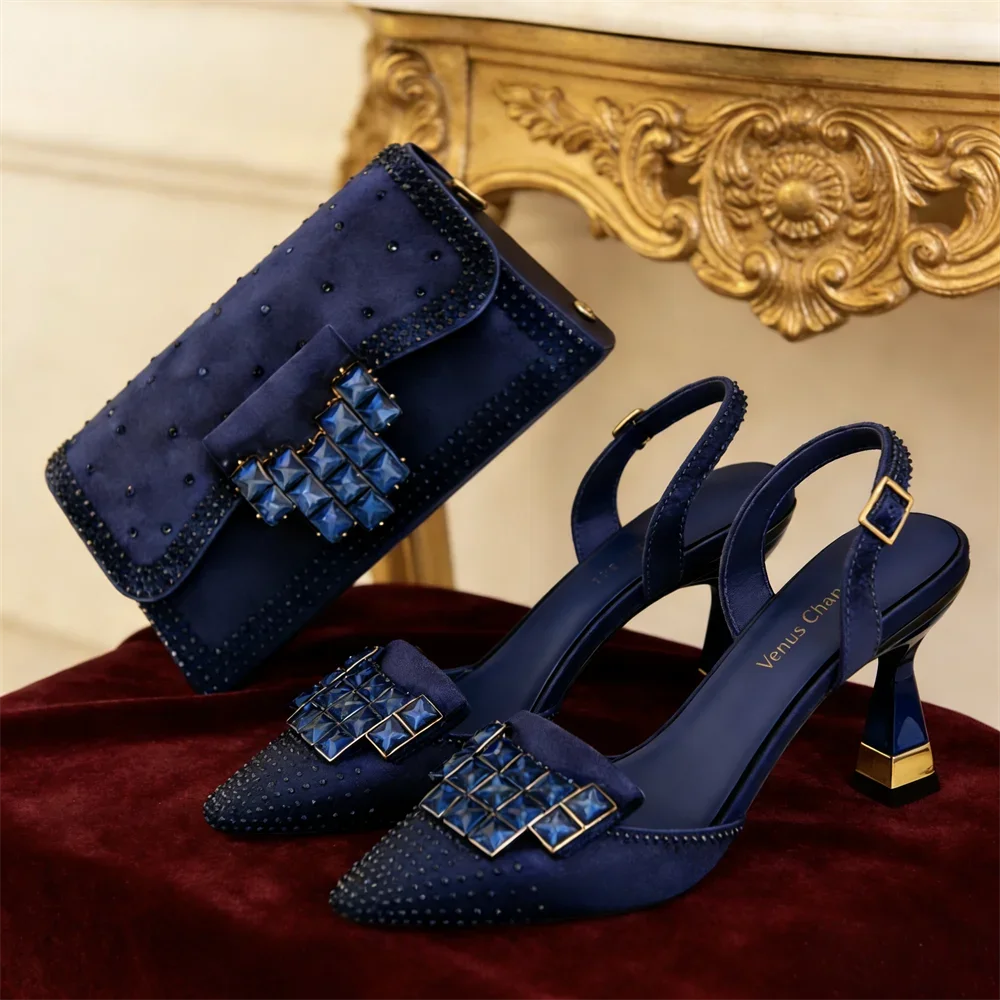 Elegant Women Rhinestone Pointed Toe Slingback Low Heel Party Wedding Shoes and Chain Bag Set Luxury Evening