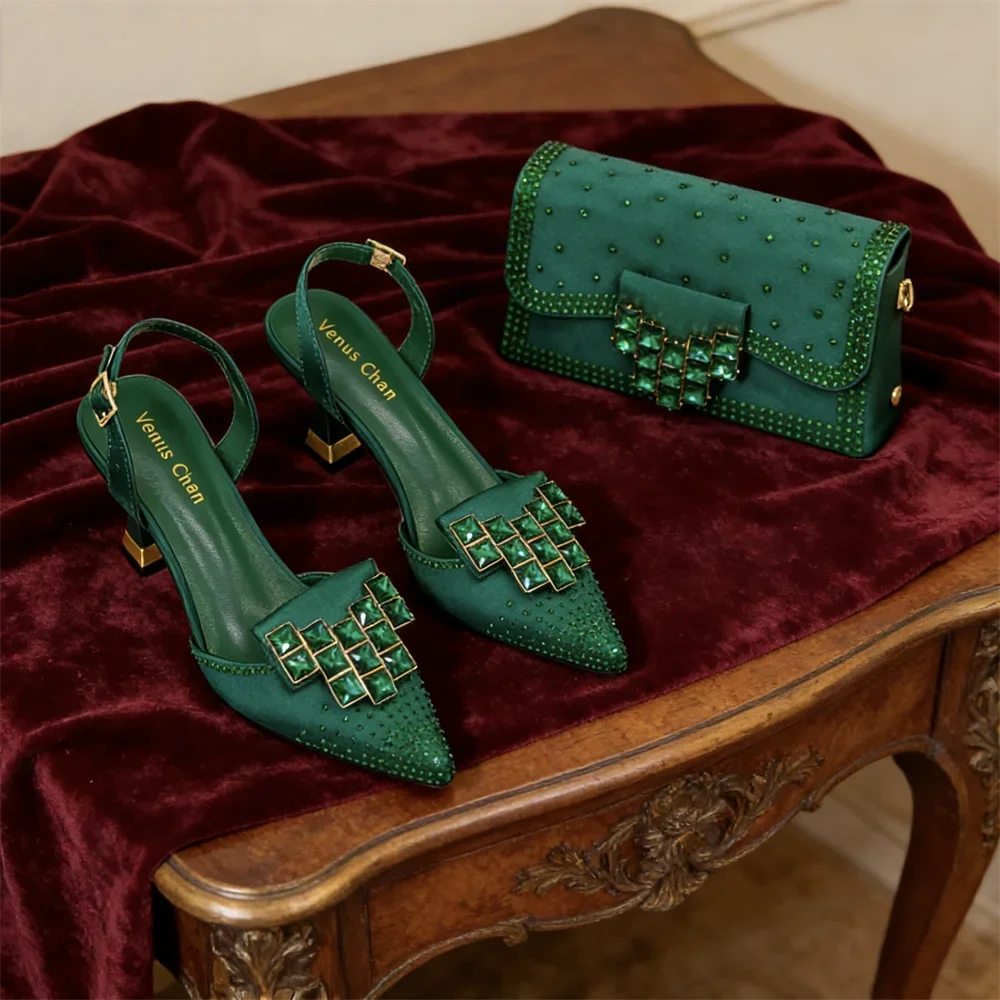 Elegant Women Rhinestone Pointed Toe Slingback Low Heel Party Wedding Shoes and Chain Bag Set Luxury Evening
