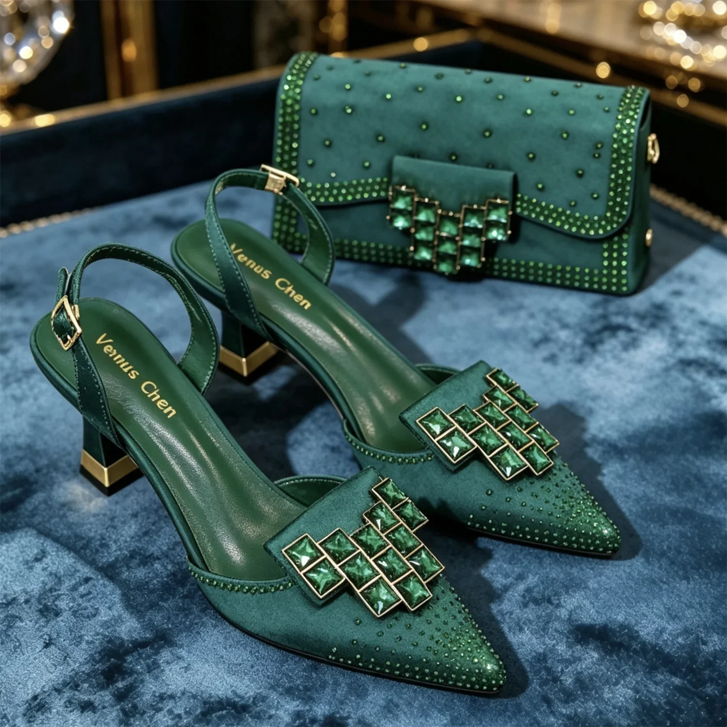 Elegant Women Rhinestone Pointed Toe Slingback Low Heel Party Wedding Shoes and Chain Bag Set Luxury Evening