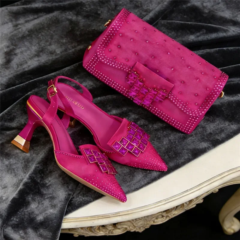 Elegant Women Rhinestone Pointed Toe Slingback Low Heel Party Wedding Shoes and Chain Bag Set Luxury Evening