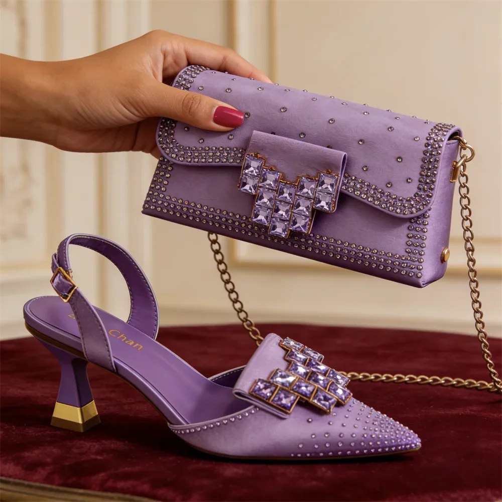 Elegant Women Rhinestone Pointed Toe Slingback Low Heel Party Wedding Shoes and Chain Bag Set Luxury Evening
