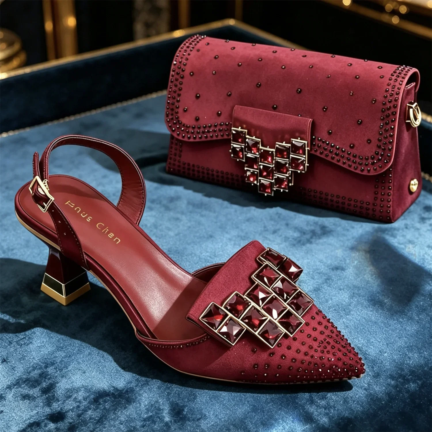 Elegant Women Rhinestone Pointed Toe Slingback Low Heel Party Wedding Shoes and Chain Bag Set Luxury Evening