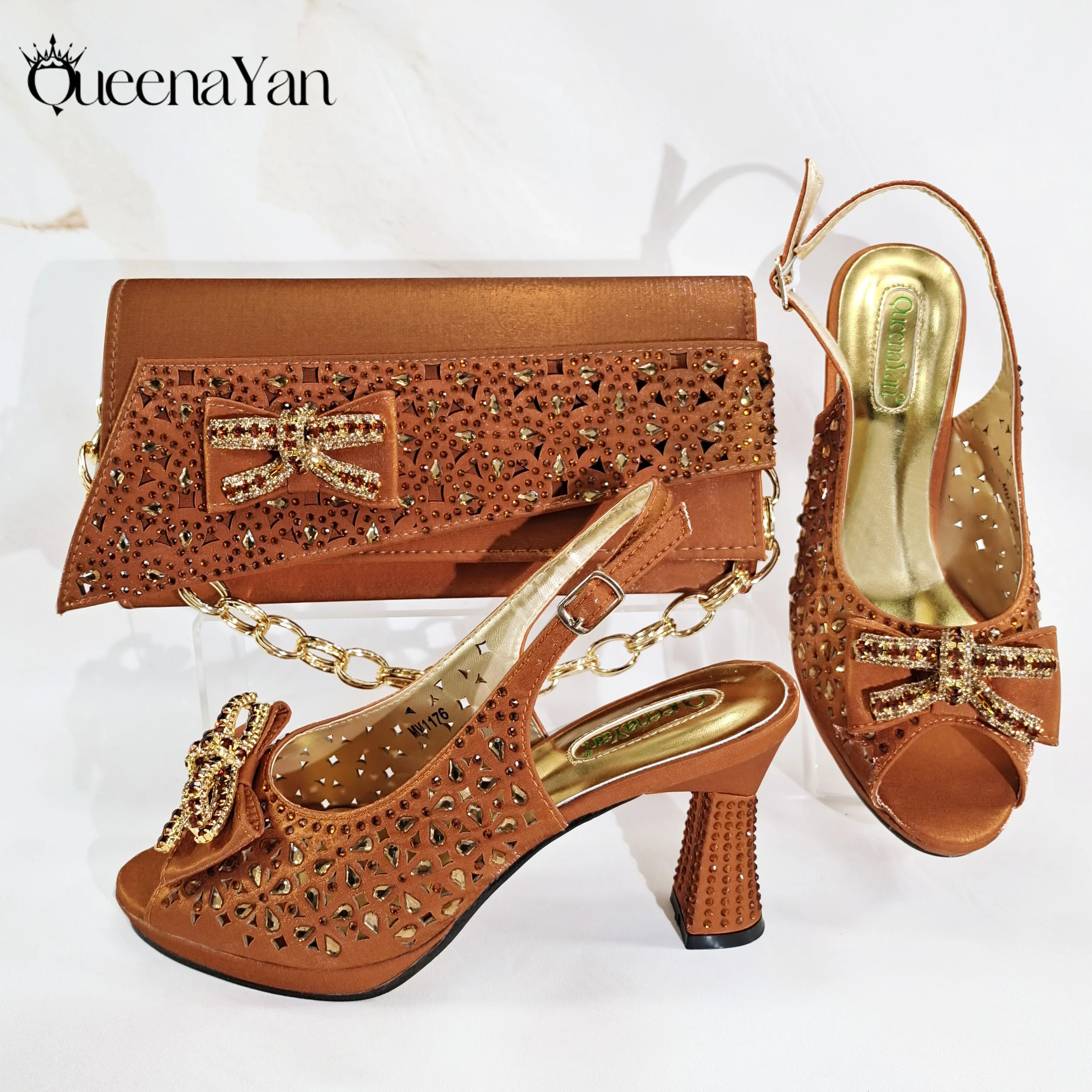 Elegant Women's Peep-Toe Heels and Matching Olive Color Diamond Pumps Set Stylish Italian Shoes and Bags for Parties