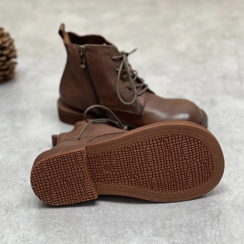 Wide Toe Shoes Handmade Genuine Leather Women's Boots Soft Bottom Side Zipper Casual Boots