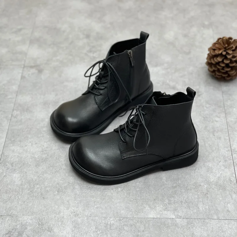 Wide Toe Shoes Handmade Genuine Leather Women's Boots Soft Bottom Side Zipper Casual Boots