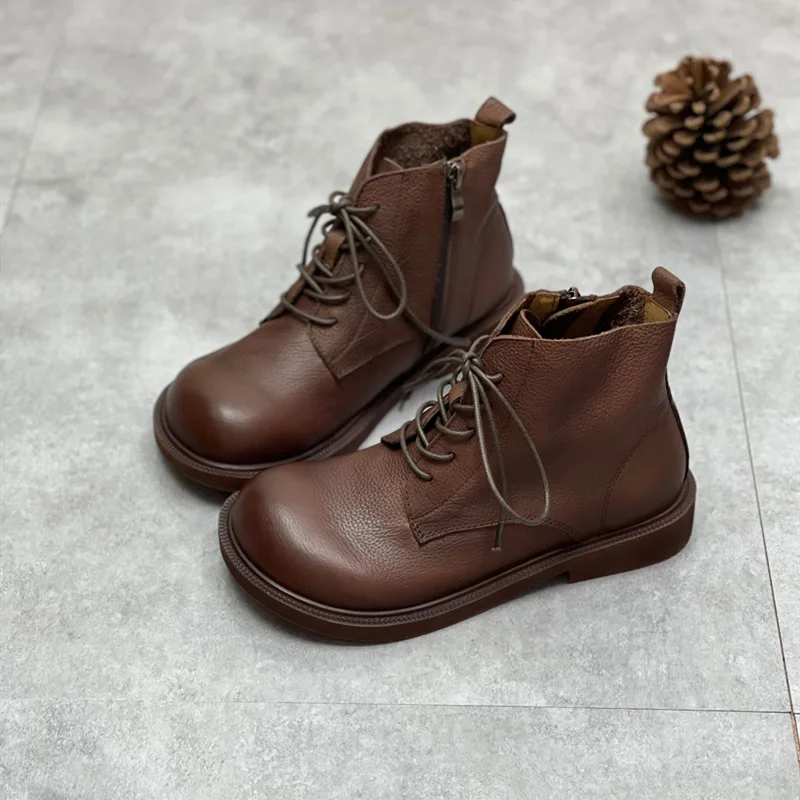 Wide Toe Shoes Handmade Genuine Leather Women's Boots Soft Bottom Side Zipper Casual Boots