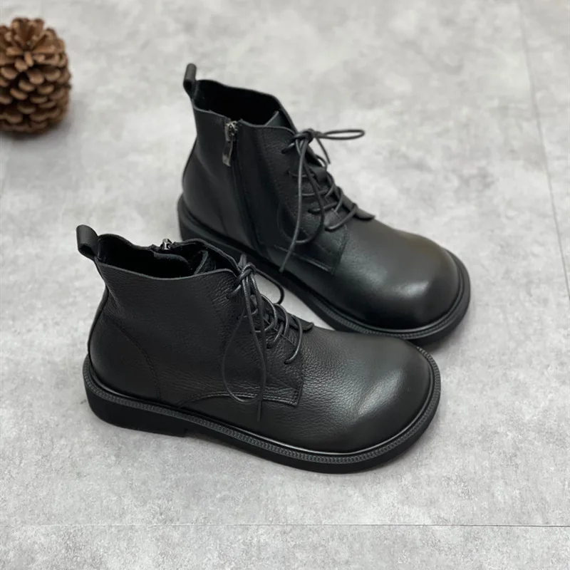 Wide Toe Shoes Handmade Genuine Leather Women's Boots Soft Bottom Side Zipper Casual Boots