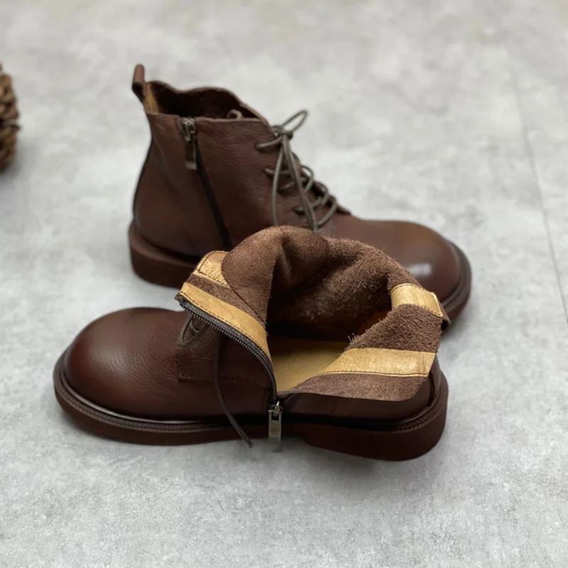 Wide Toe Shoes Handmade Genuine Leather Women's Boots Soft Bottom Side Zipper Casual Boots