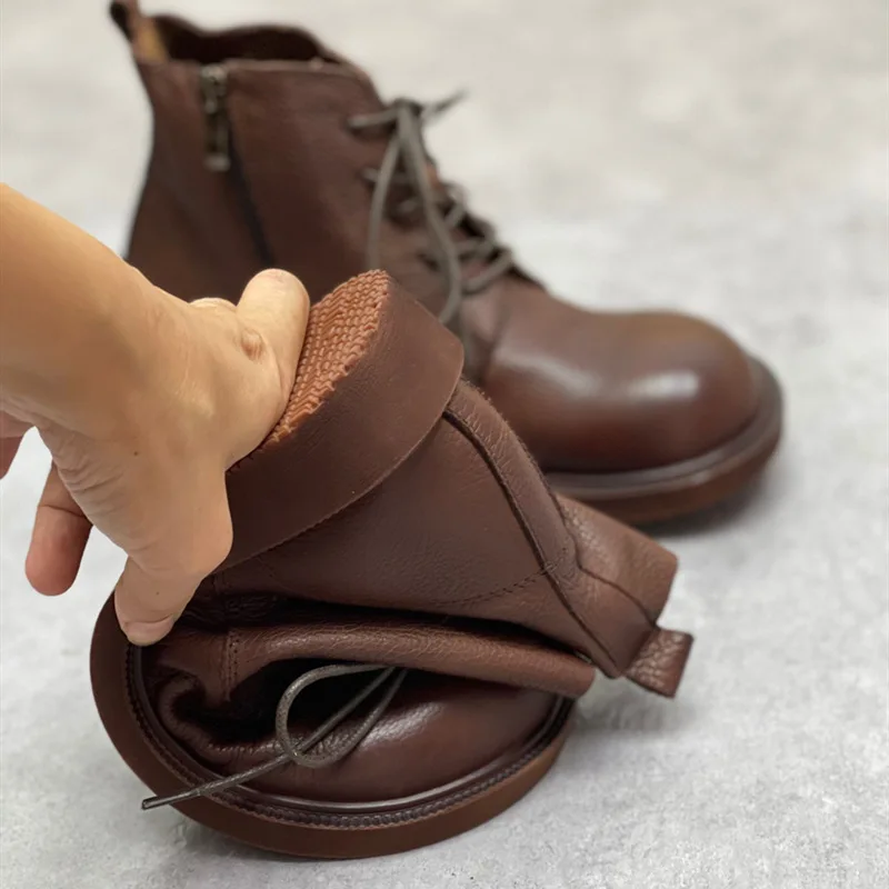 Wide Toe Shoes Handmade Genuine Leather Women's Boots Soft Bottom Side Zipper Casual Boots