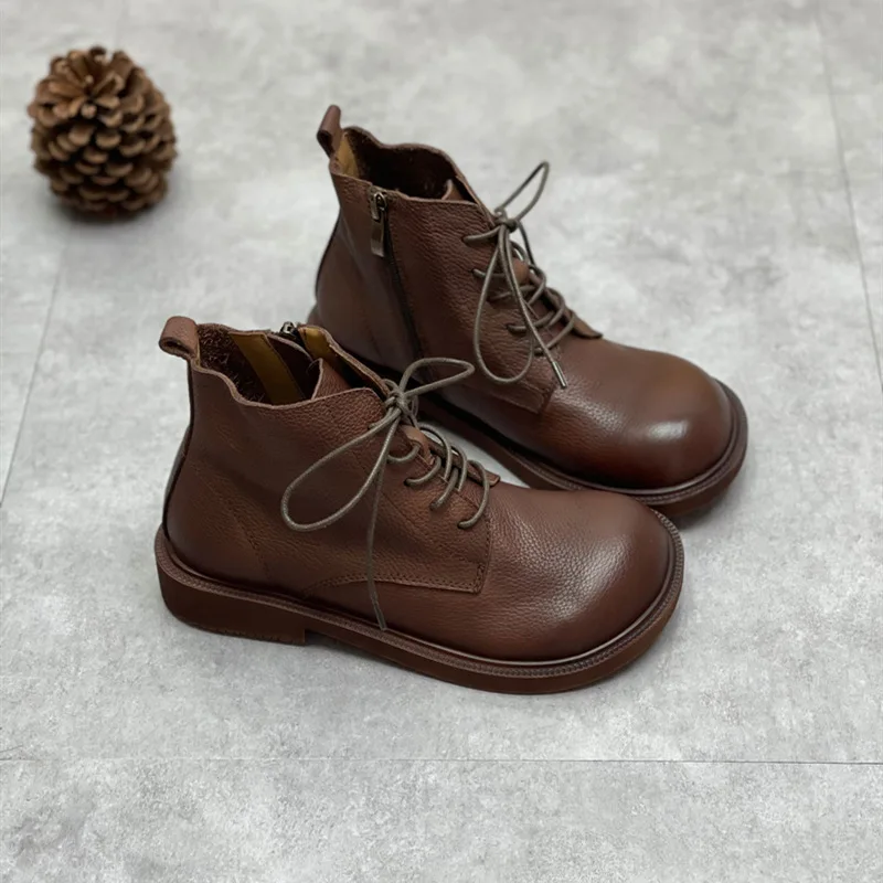 Wide Toe Shoes Handmade Genuine Leather Women's Boots Soft Bottom Side Zipper Casual Boots