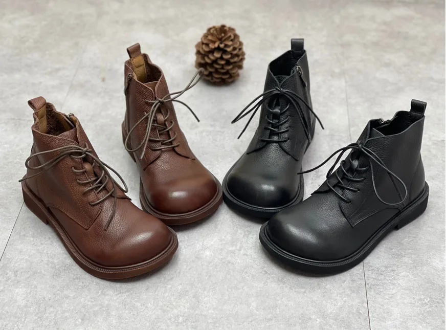 Wide Toe Shoes Handmade Genuine Leather Women's Boots Soft Bottom Side Zipper Casual Boots
