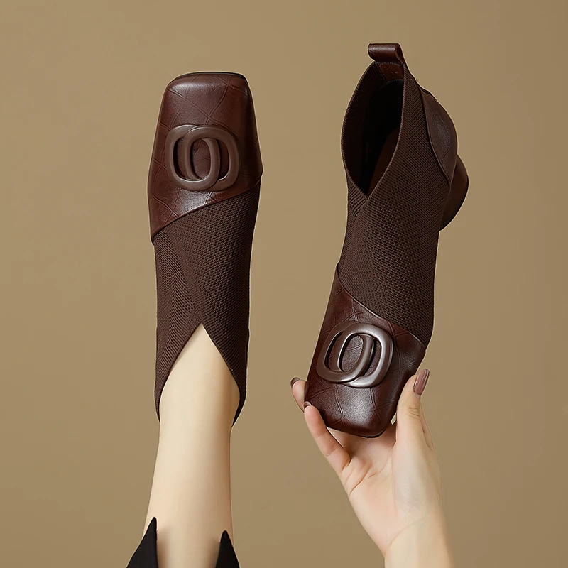【JOCHEBED HU】Handmade Brand Genuine Leather Women Ankle Boots Mid Heels Square Toe Autumn Winter Dress Party Lady 34-43