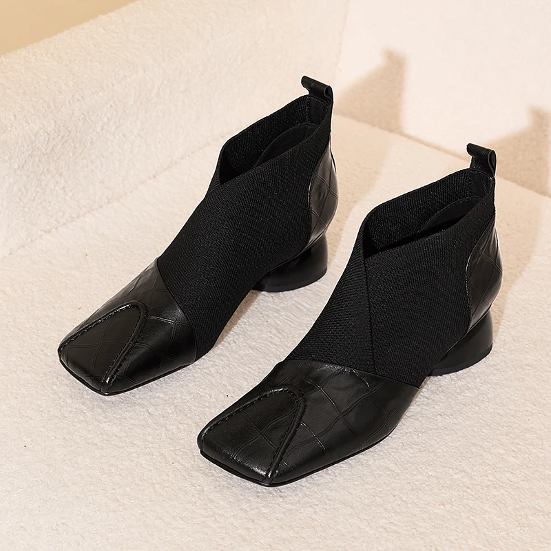【JOCHEBED HU】Handmade Brand Genuine Leather Women Ankle Boots Mid Heels Square Toe Autumn Winter Dress Party Lady 34-43