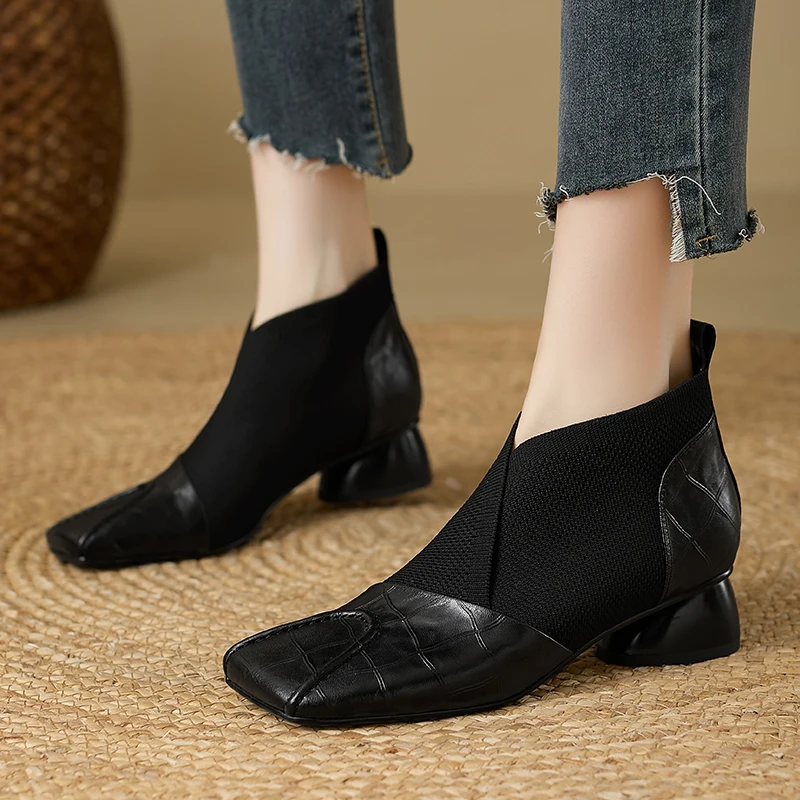 【JOCHEBED HU】Handmade Brand Genuine Leather Women Ankle Boots Mid Heels Square Toe Autumn Winter Dress Party Lady 34-43