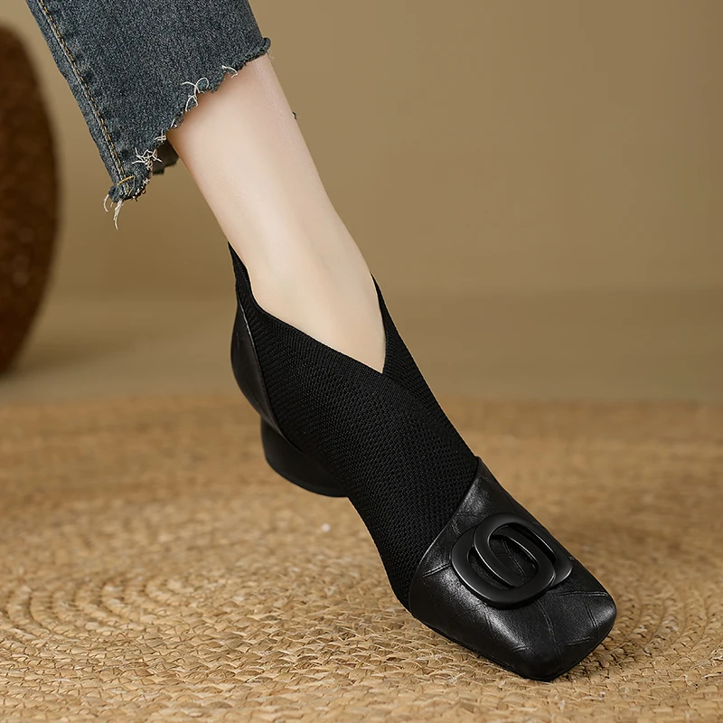 【JOCHEBED HU】Handmade Brand Genuine Leather Women Ankle Boots Mid Heels Square Toe Autumn Winter Dress Party Lady 34-43