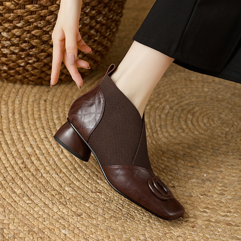 【JOCHEBED HU】Handmade Brand Genuine Leather Women Ankle Boots Mid Heels Square Toe Autumn Winter Dress Party Lady 34-43