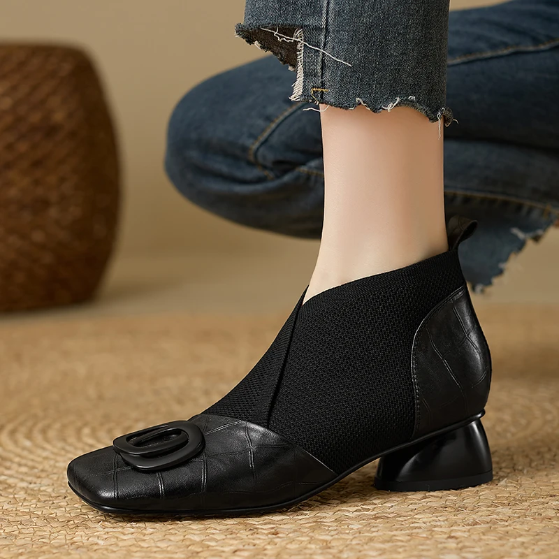 【JOCHEBED HU】Handmade Brand Genuine Leather Women Ankle Boots Mid Heels Square Toe Autumn Winter Dress Party Lady 34-43