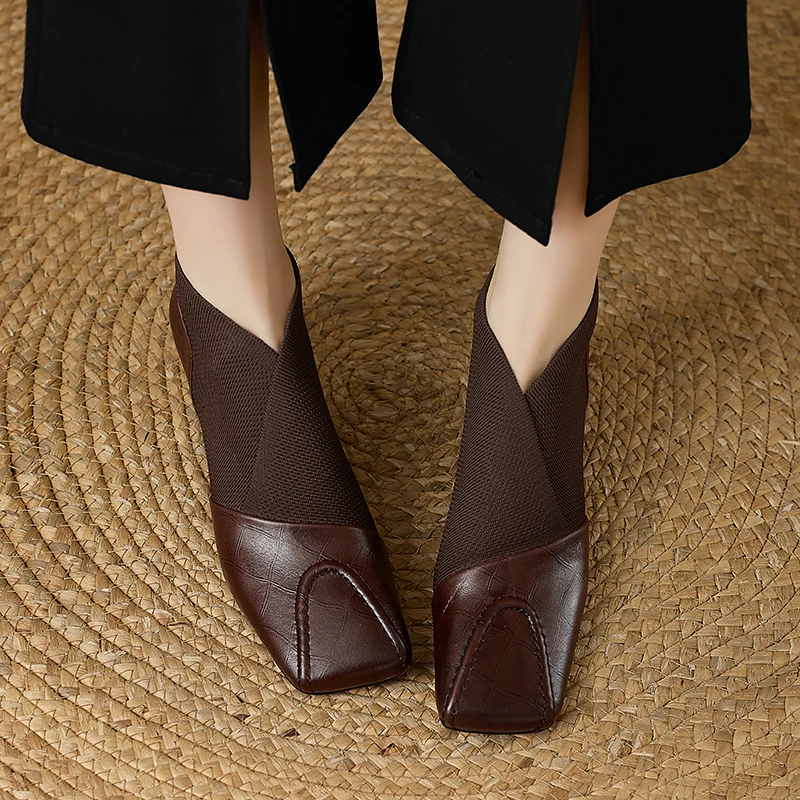 【JOCHEBED HU】Handmade Brand Genuine Leather Women Ankle Boots Mid Heels Square Toe Autumn Winter Dress Party Lady 34-43
