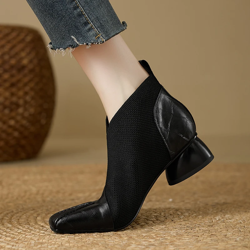 【JOCHEBED HU】Handmade Brand Genuine Leather Women Ankle Boots Mid Heels Square Toe Autumn Winter Dress Party Lady 34-43