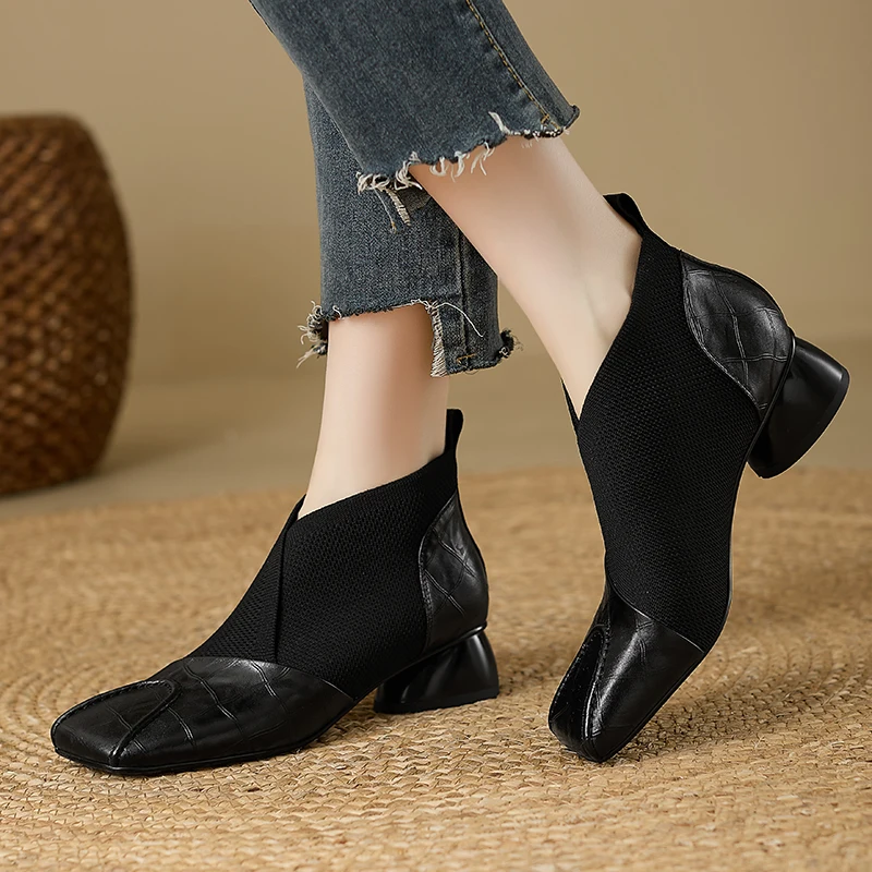 【JOCHEBED HU】Handmade Brand Genuine Leather Women Ankle Boots Mid Heels Square Toe Autumn Winter Dress Party Lady 34-43